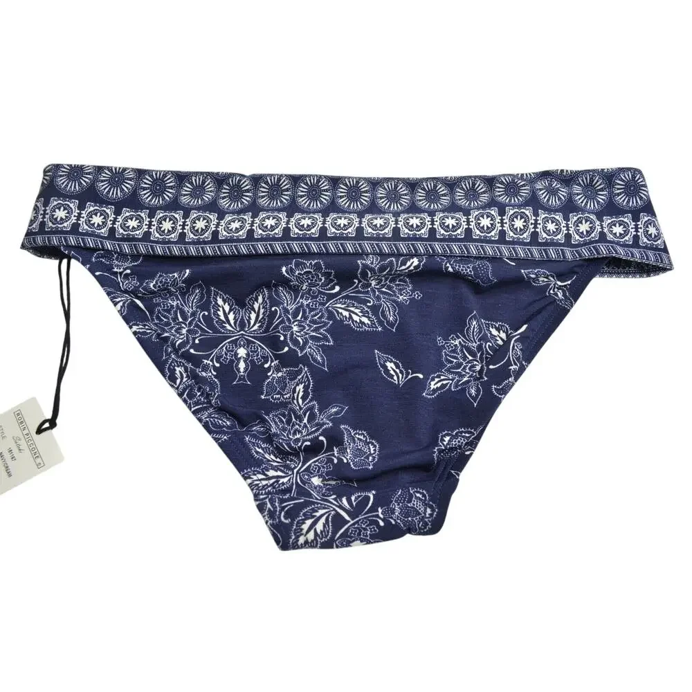 ROBIN PICCONE Women's Dark Navy & White Shirred Paisley Print Bikini Bottoms